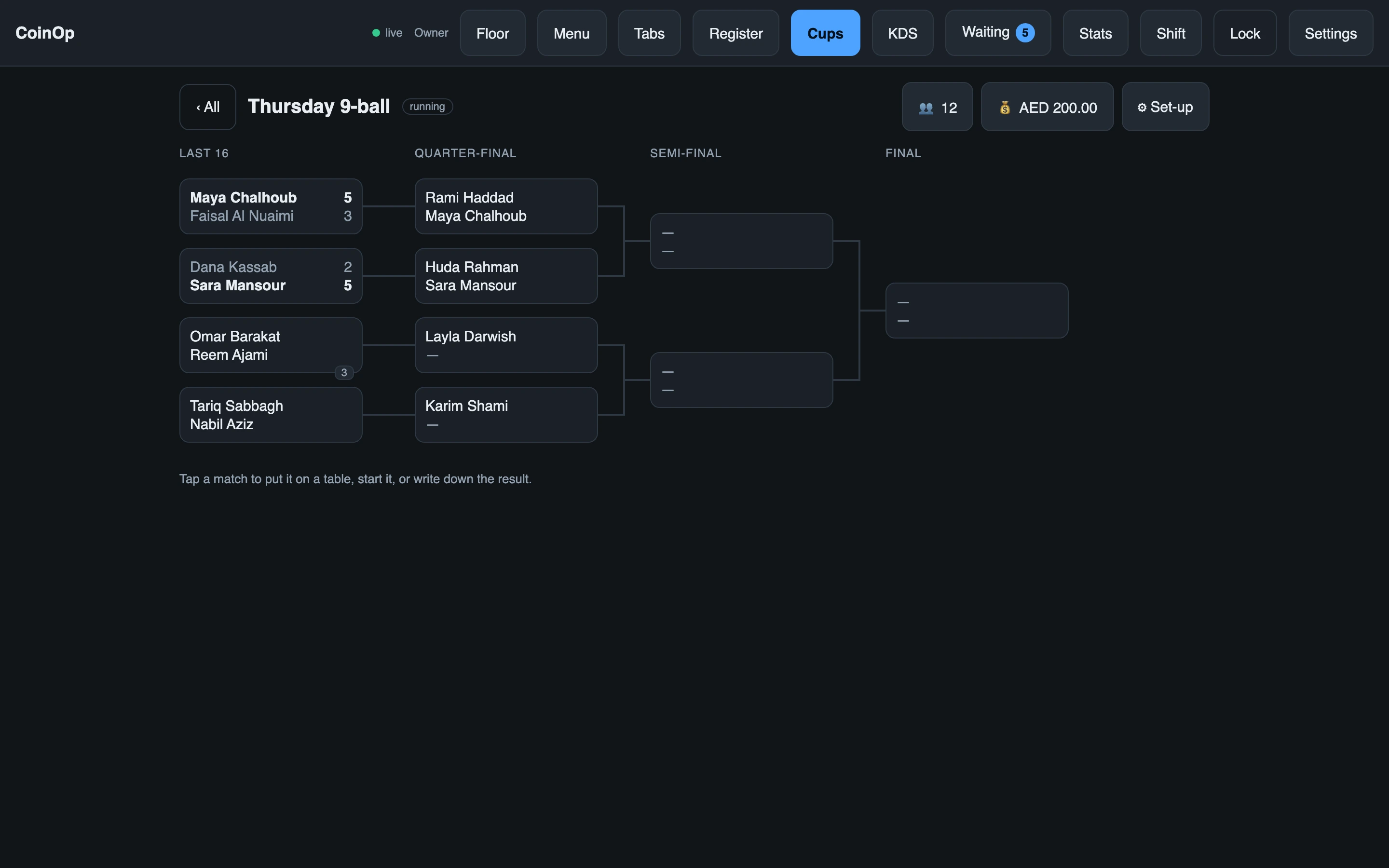 A twelve-player 9-ball bracket, with two results in and the next match called to a table