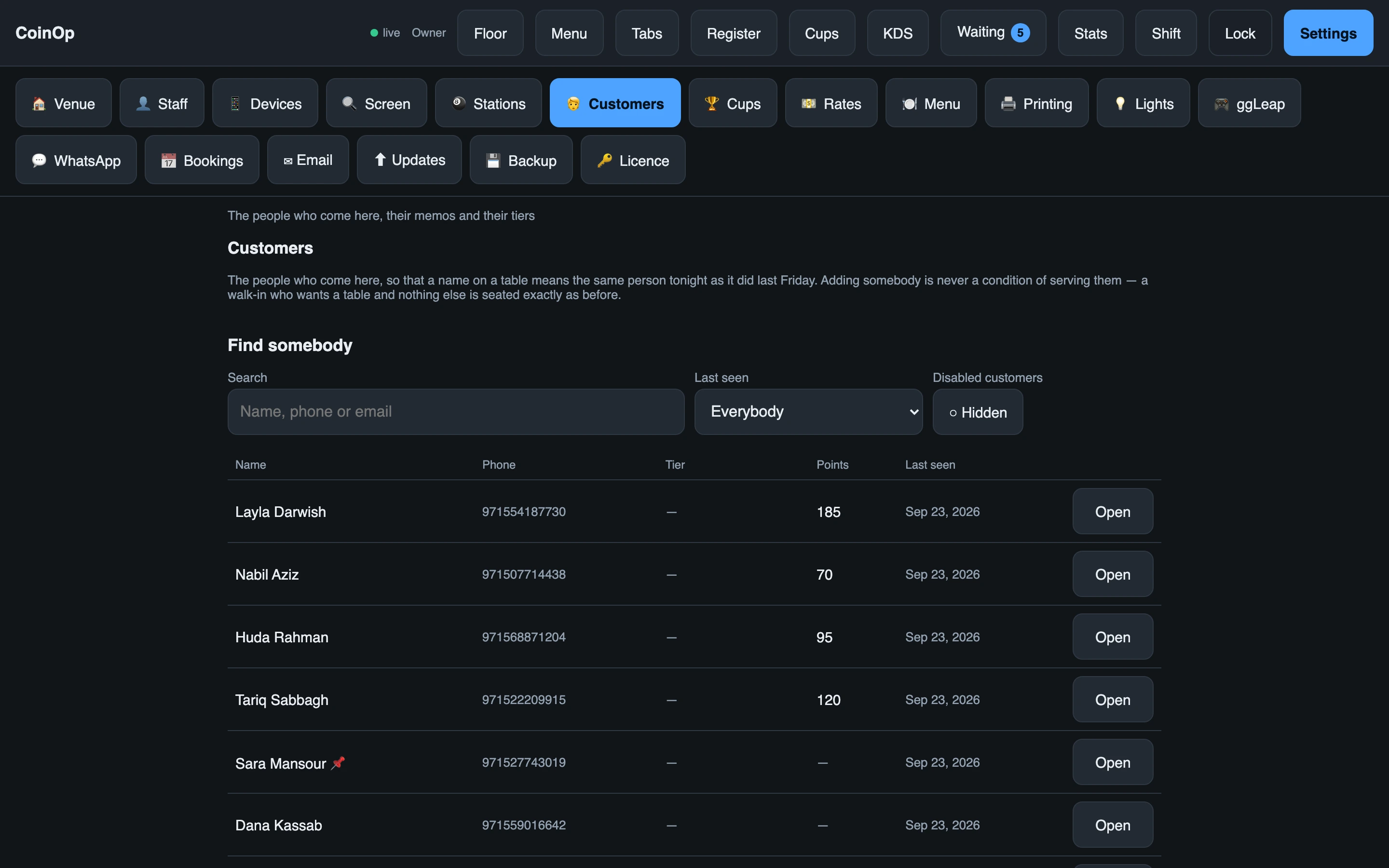 The customer list in Settings, showing names, phone numbers, tiers and points balances