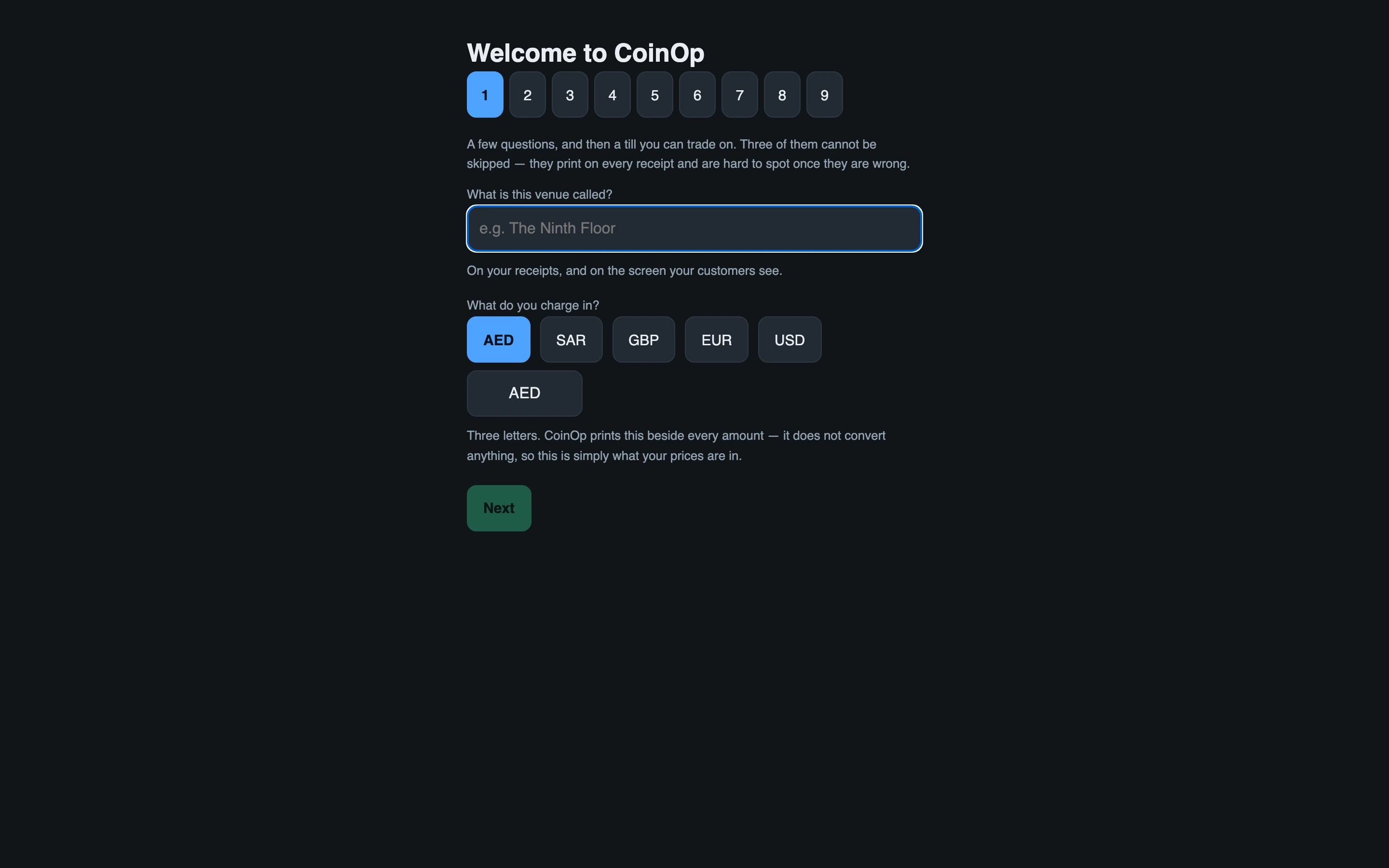 The welcome screen asking what the venue is called and what it charges in