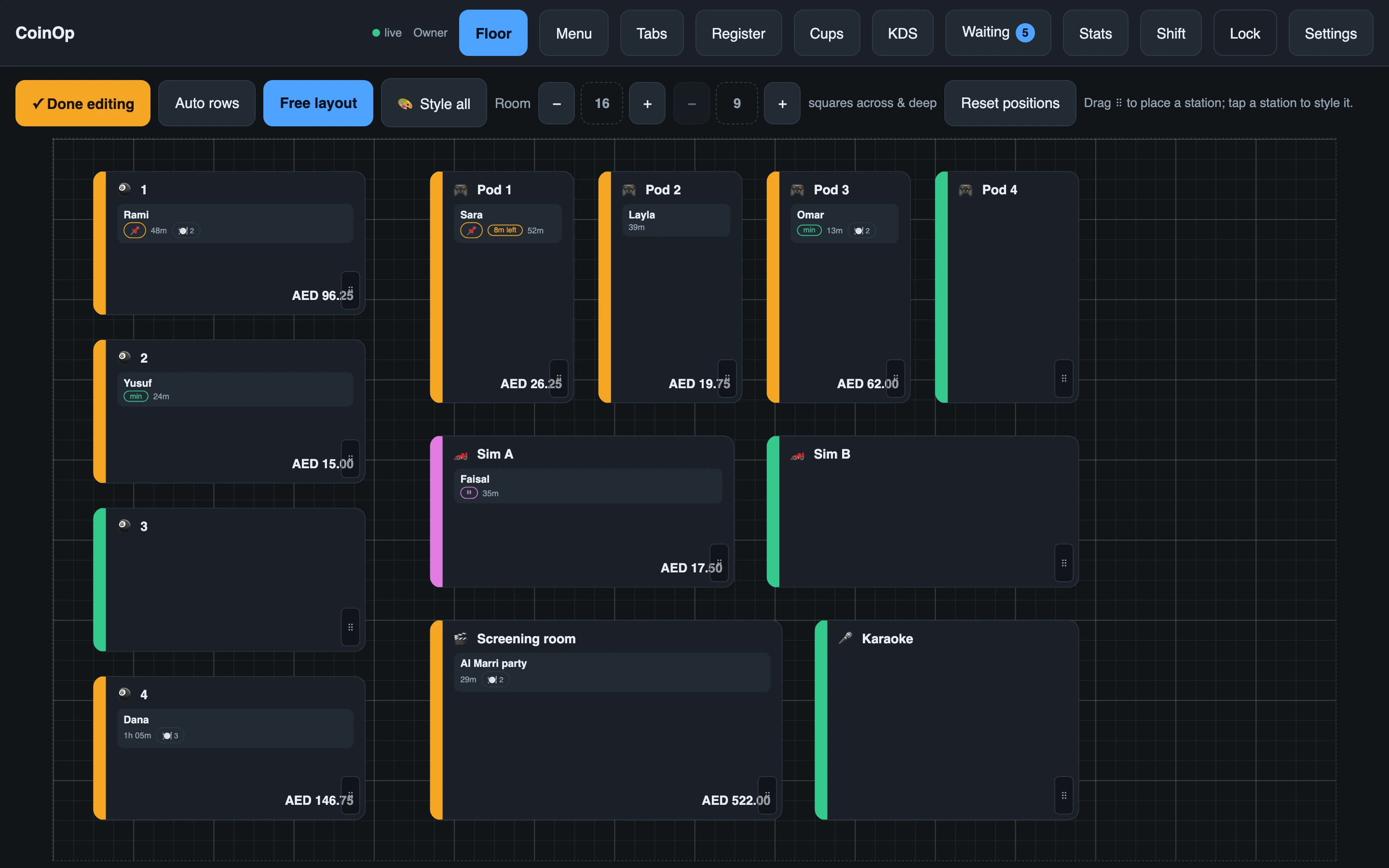 The floor in edit mode, with a grid, and buttons for auto rows, free layout, styling and resetting positions