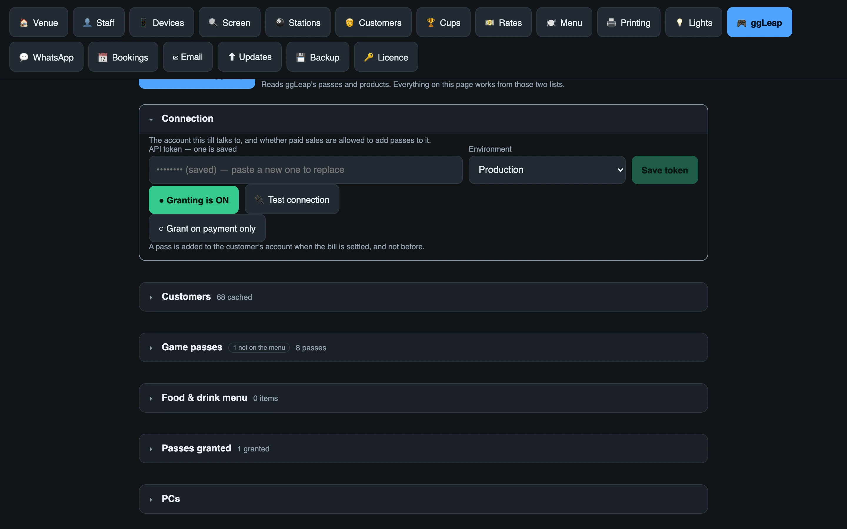 The ggLeap connection panel: an API token box, the environment, and a test that reports what it can see