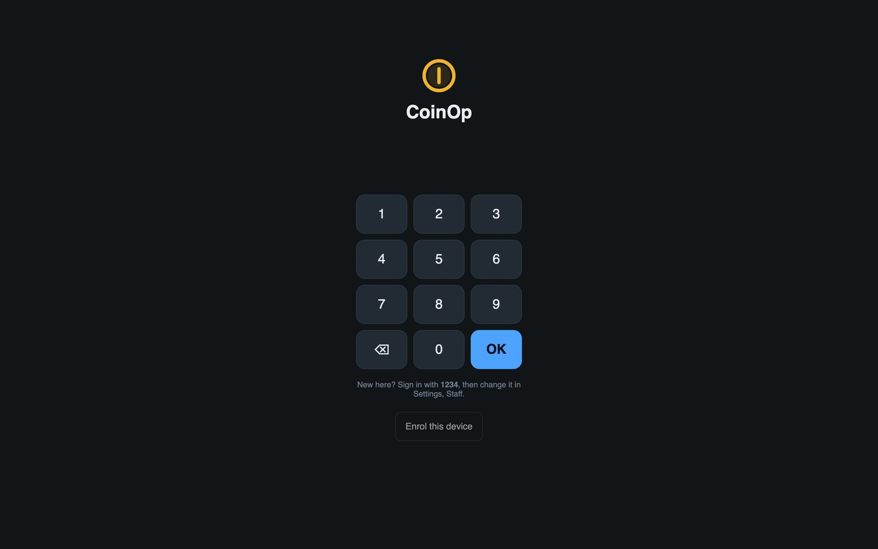 The CoinOp lock screen: a keypad, the venue name, and a note that the PIN is still 1234