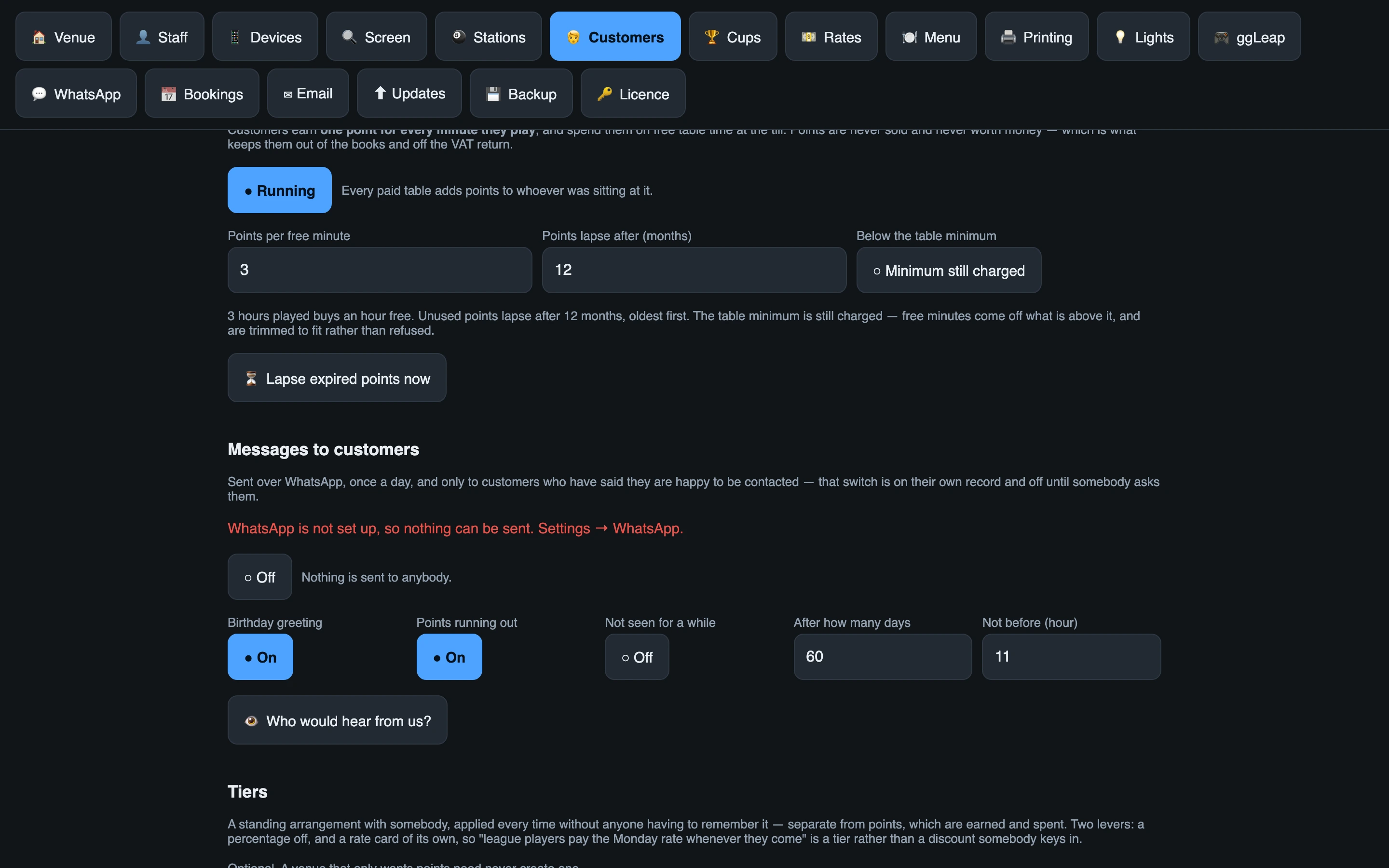 The points settings, showing the earn rate, what a point buys, and the expiry window