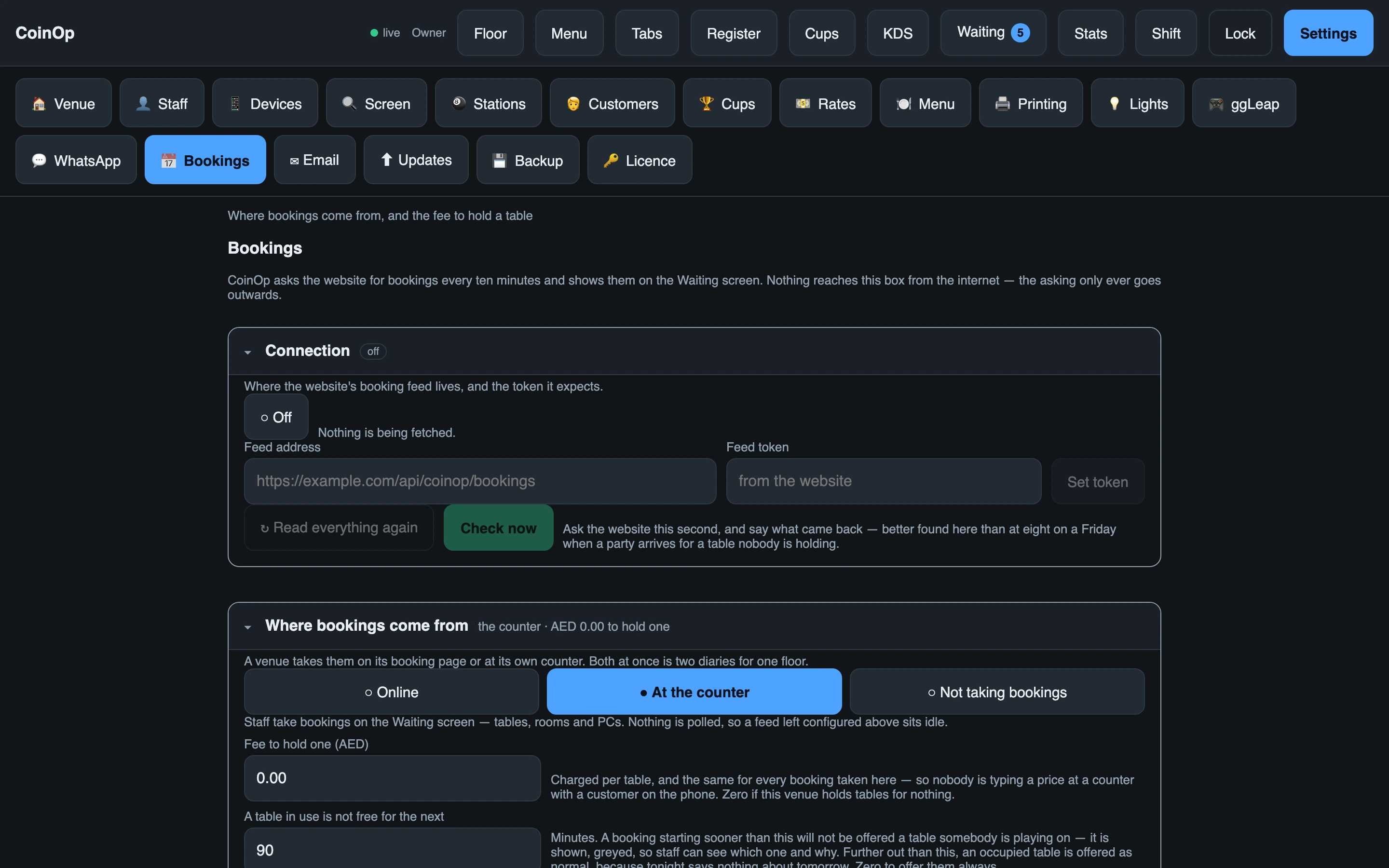 Bookings settings: where bookings come from, the address of the venue's feed, and what has come in