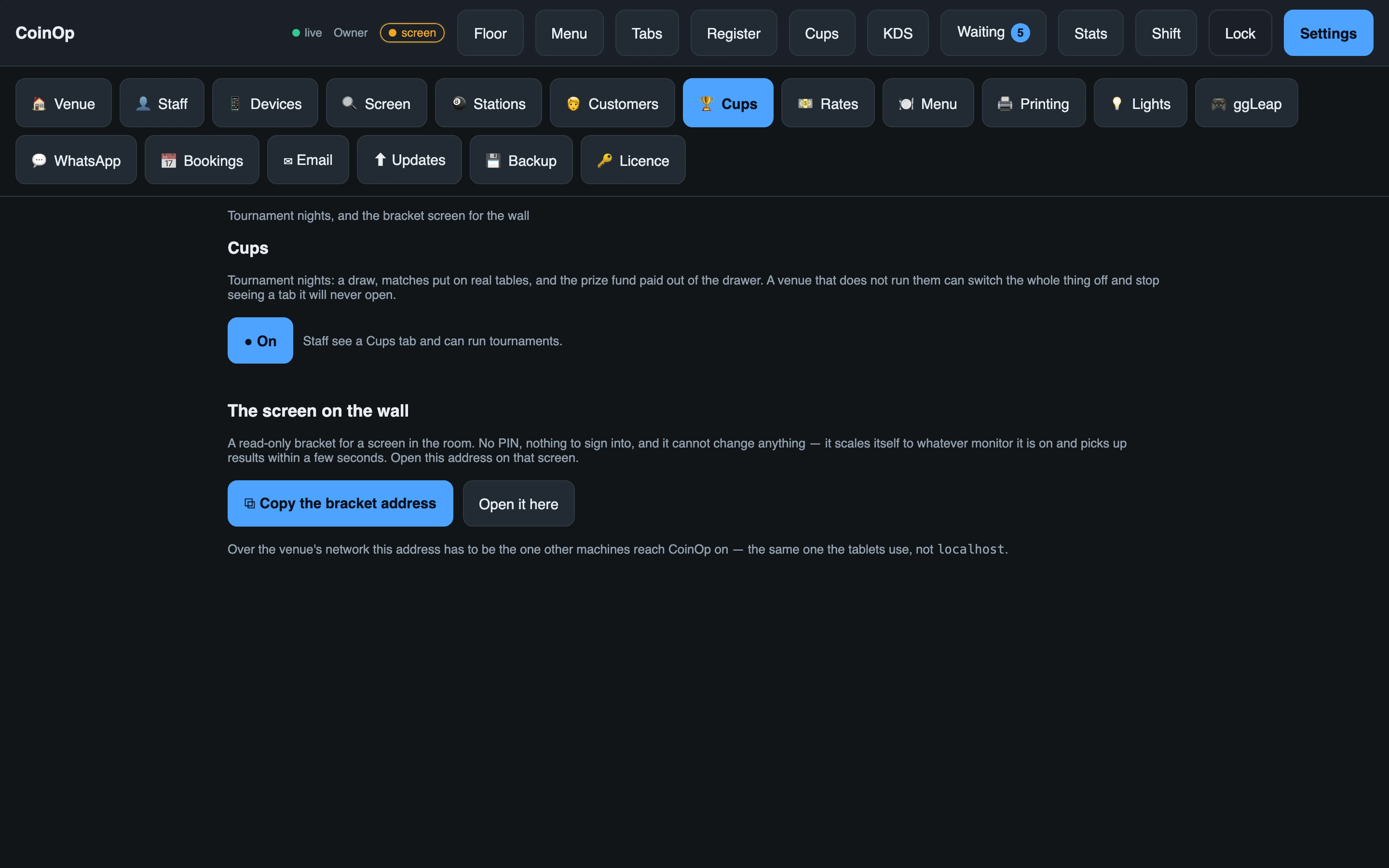 The Cups settings page, with the on/off switch and the address of the wall screen