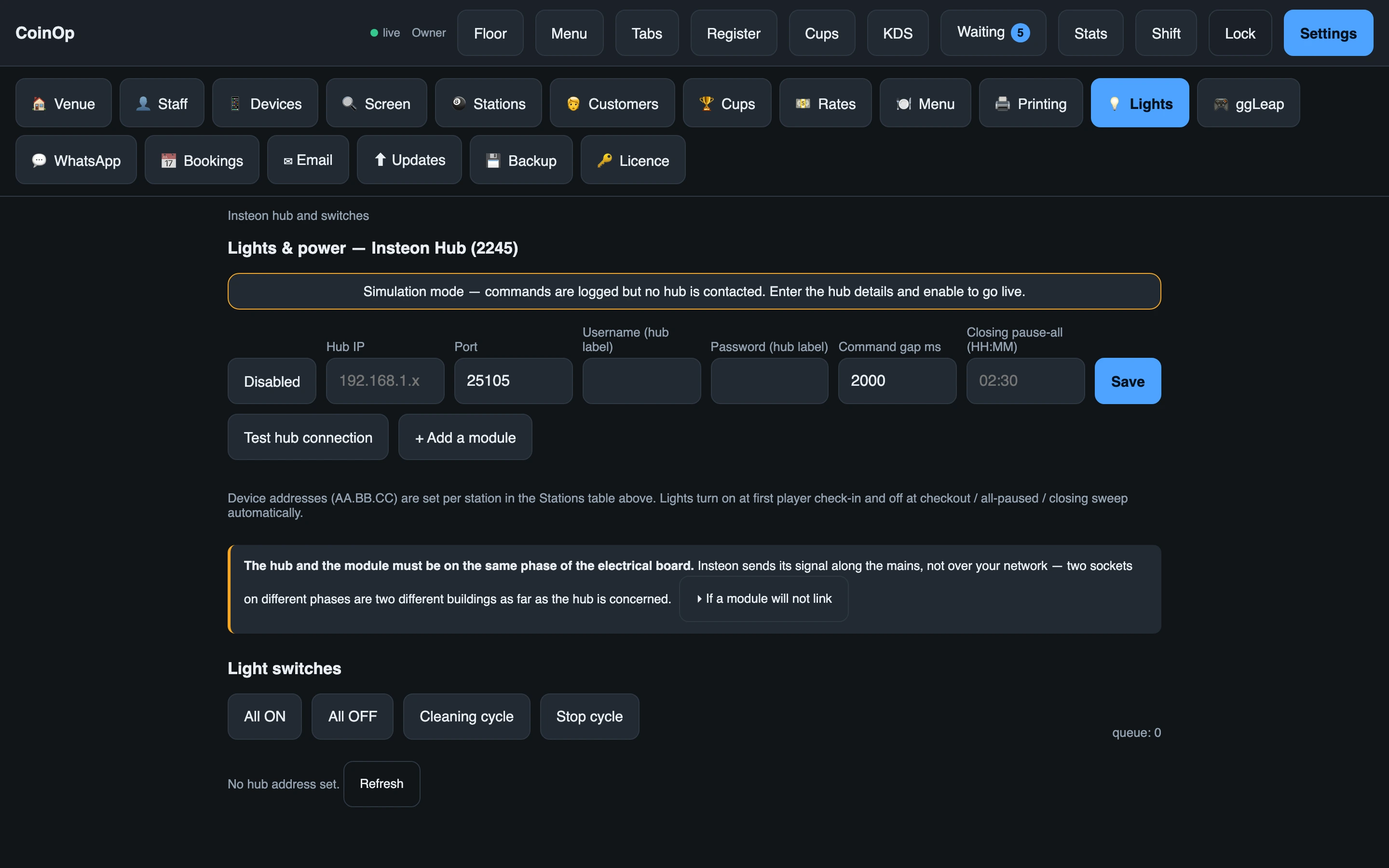 The lights settings page: the Insteon hub's address, and a switch assigned to each station