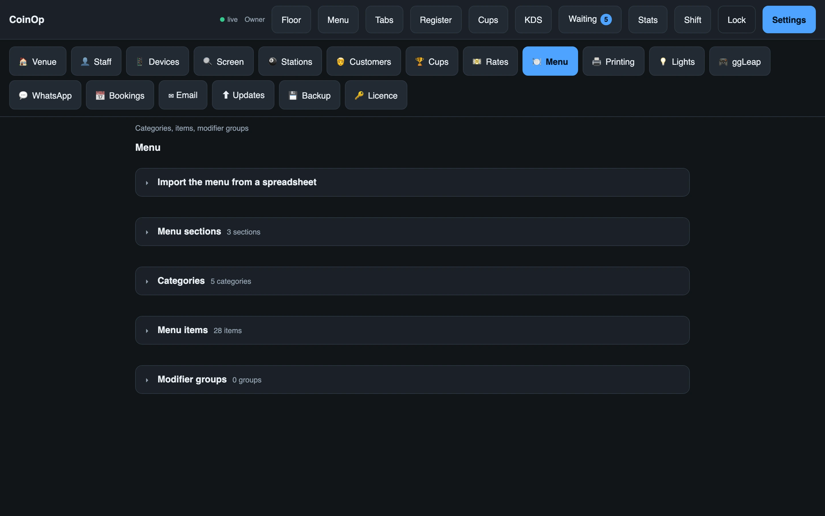 Menu settings, listing sections, categories and items with the tools to add and reorder them