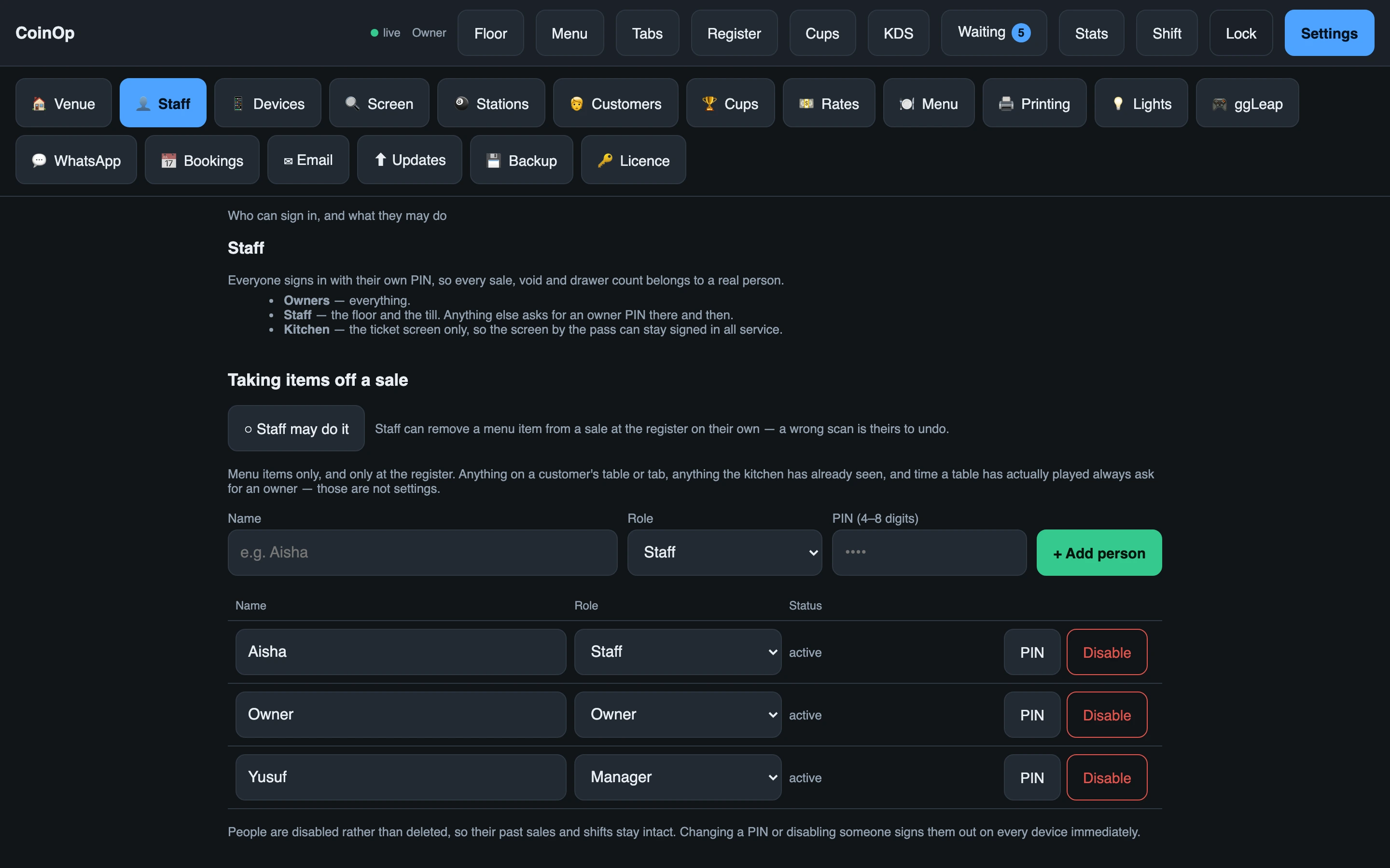 The staff settings page listing people, their roles, and the controls to add somebody or change a PIN