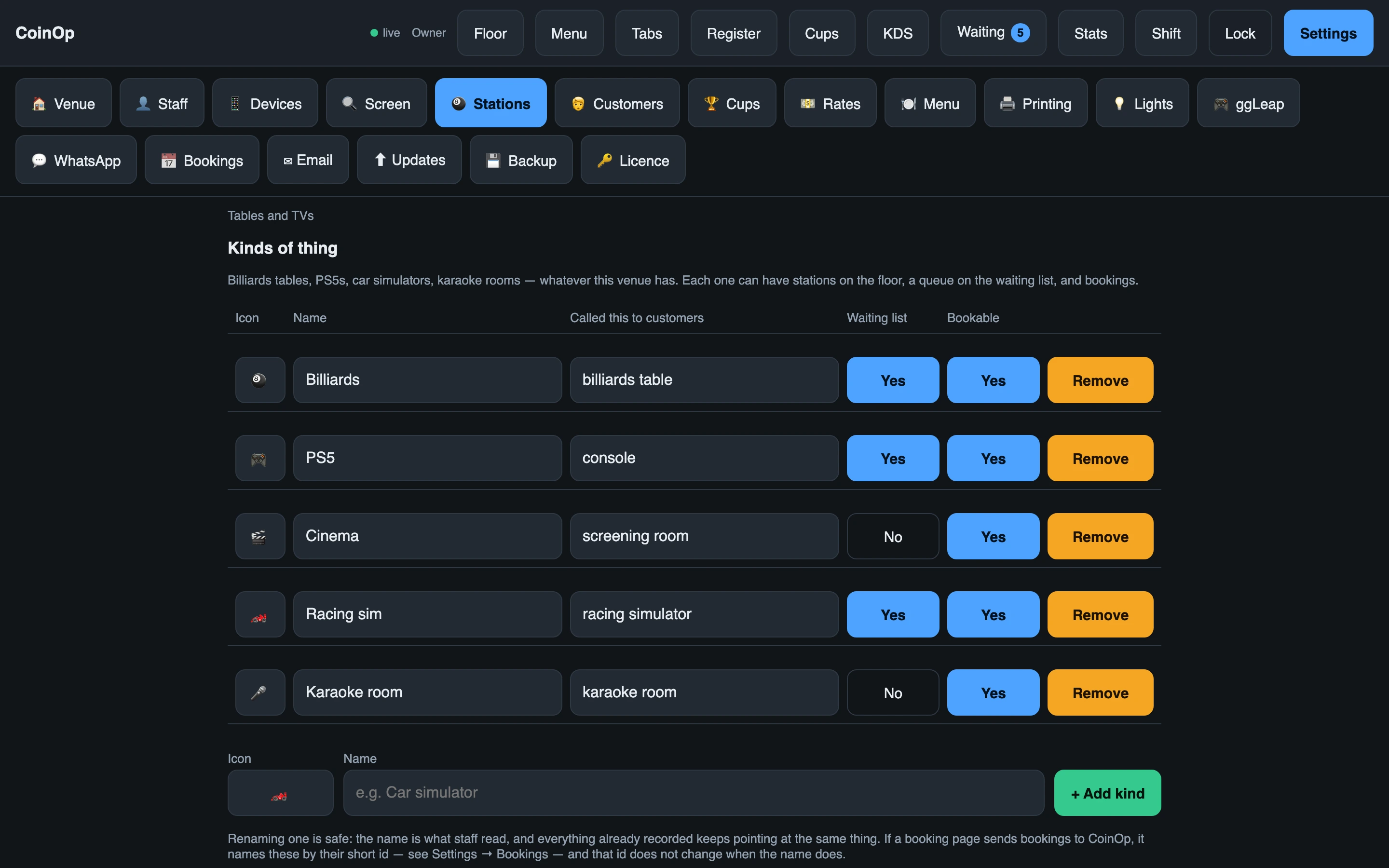 The stations settings page, listing the venue's kinds of thing and each station under them