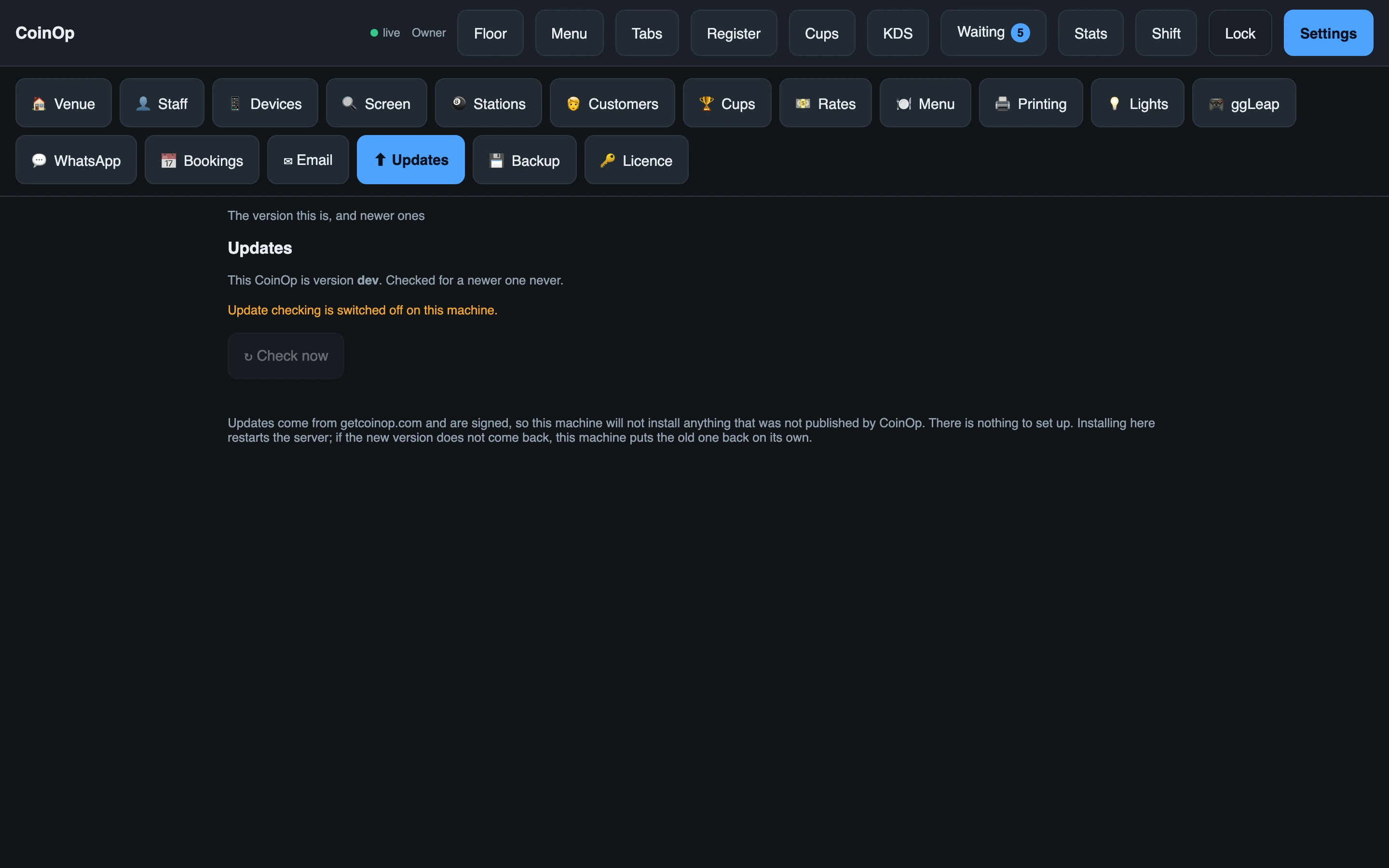 The updates page: the version running, whether a newer one exists, and a single install button