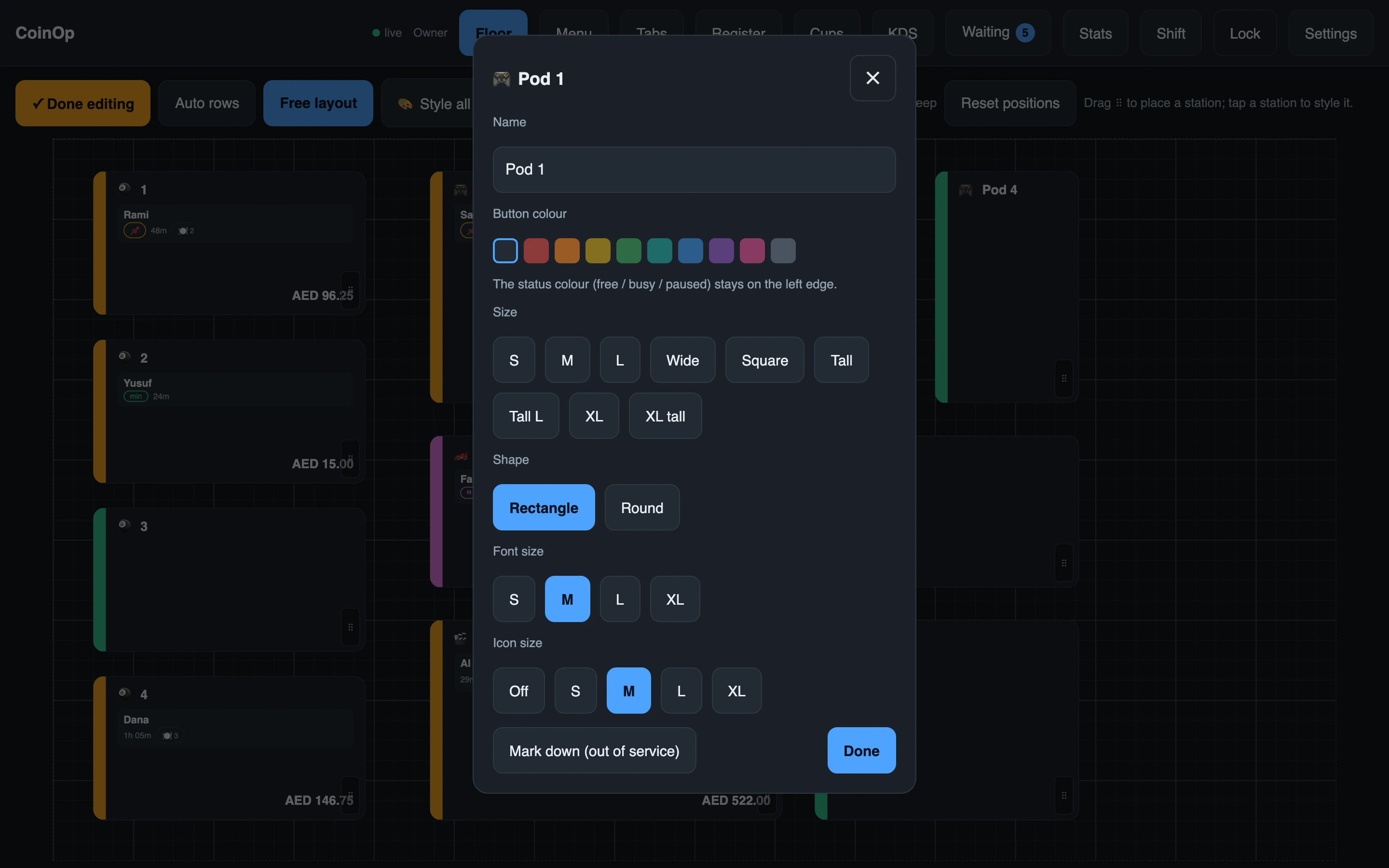 The station designer, offering tile sizes including portrait, colour, font size and icon size