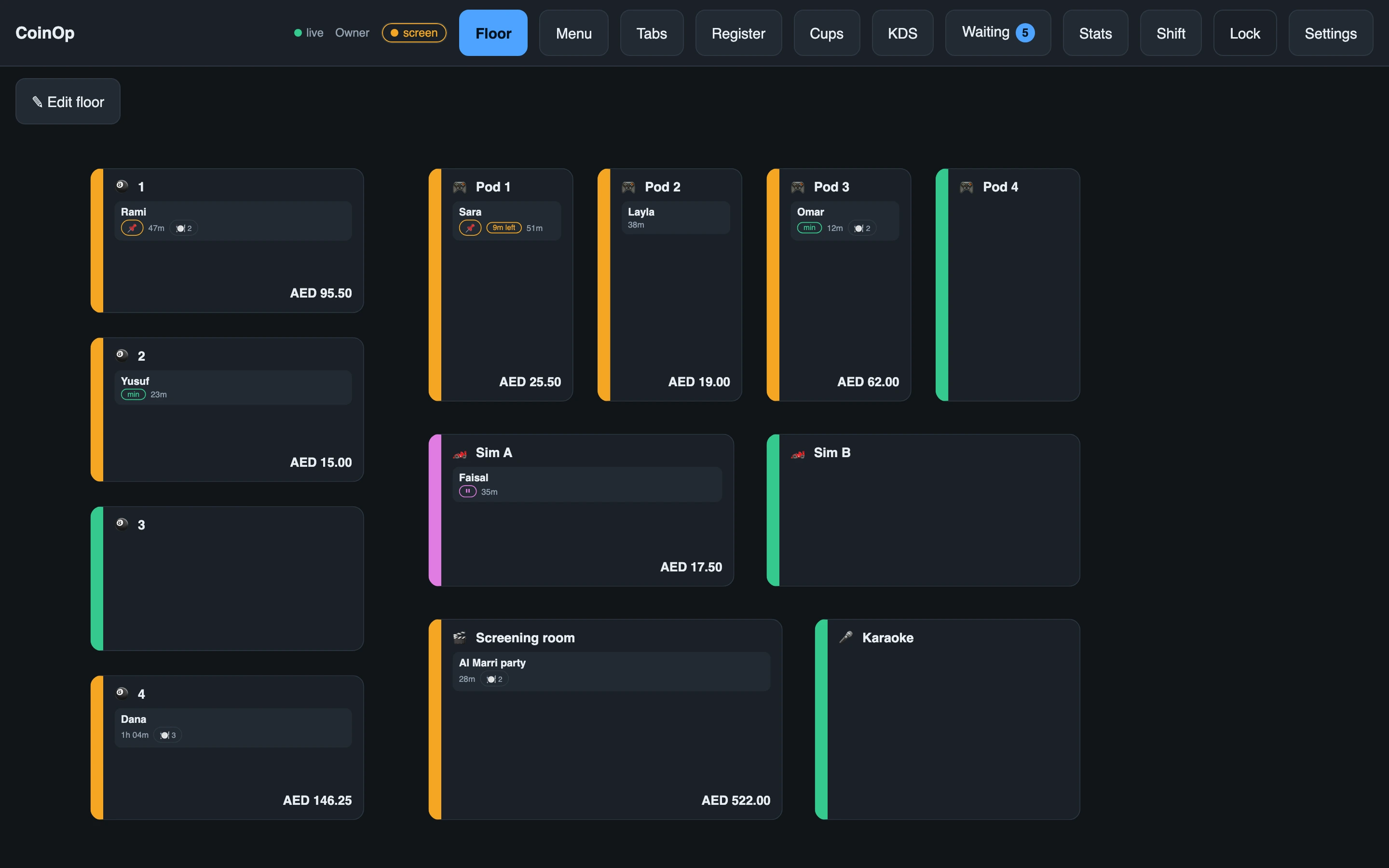The CoinOp floor screen: billiards tables, console pods, racing simulators, a screening room and a karaoke room, each showing who is on it, for how long, and what they owe