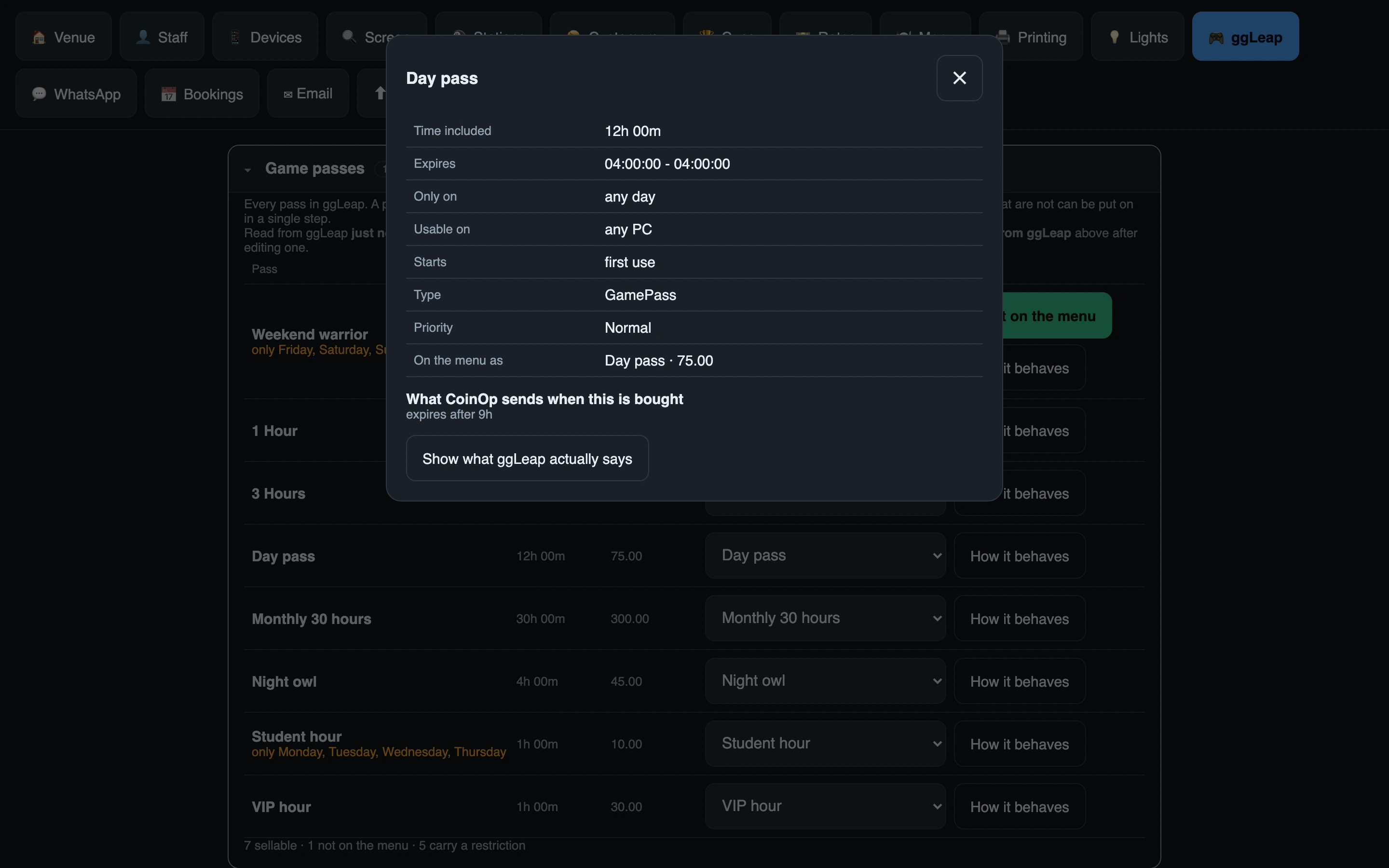 The game pass list read from ggLeap, with one pass opened to show when it expires, which days it works and which PCs it opens
