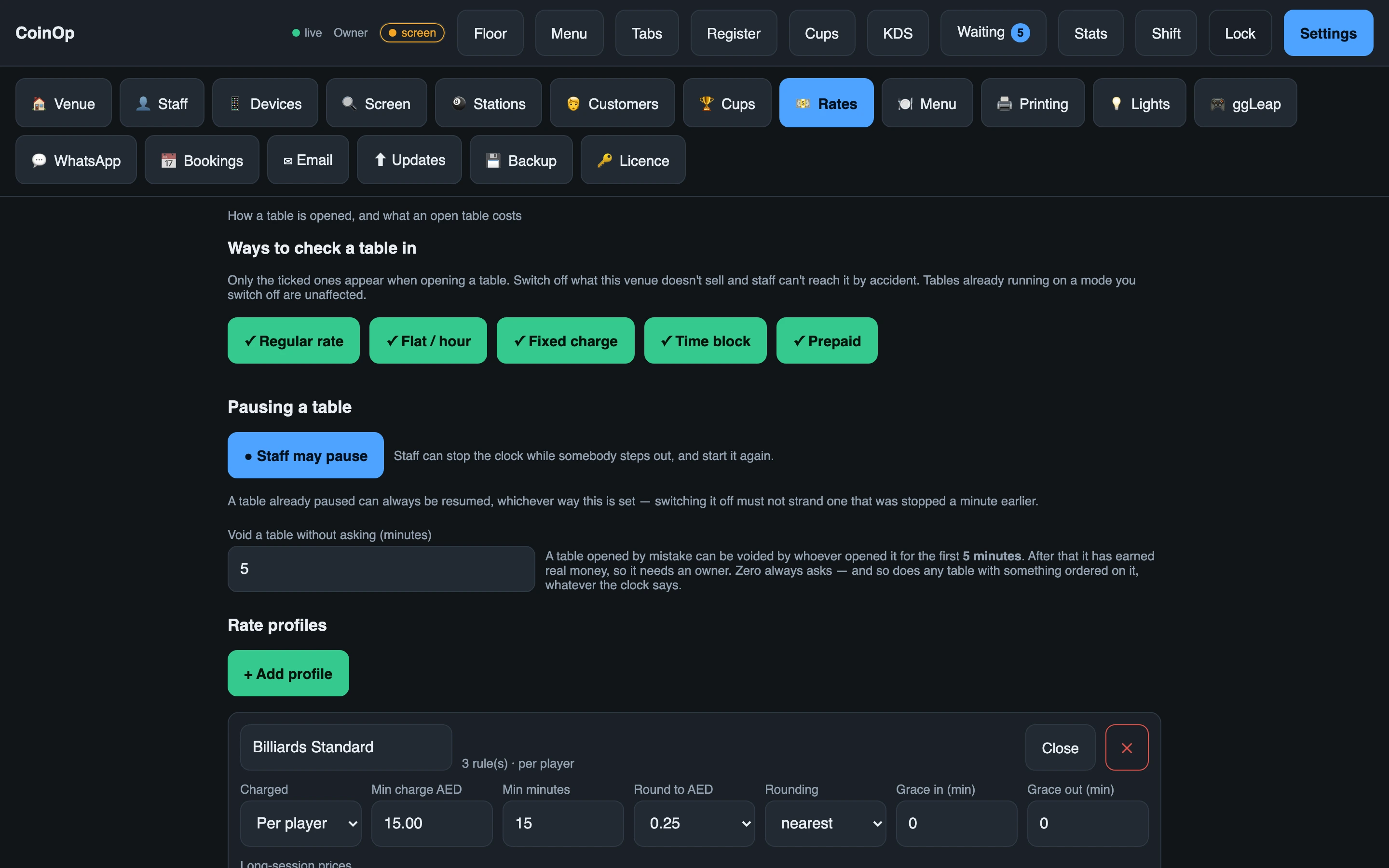 The rate editor, showing three rules with day buttons, times and per-player prices